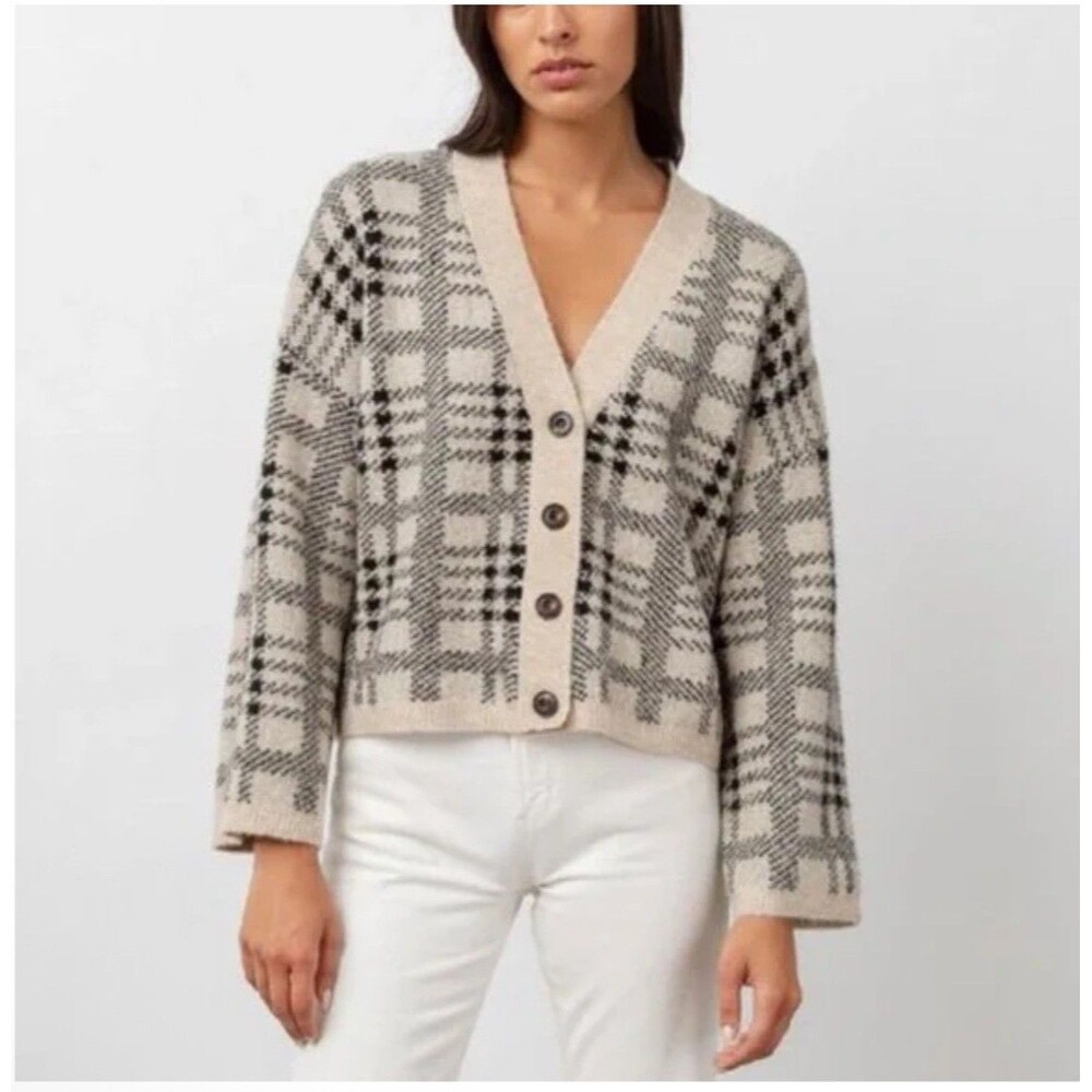 Rails Reese Cardigan Sweater Wool Blend Oatmeal XXS Women Plaid